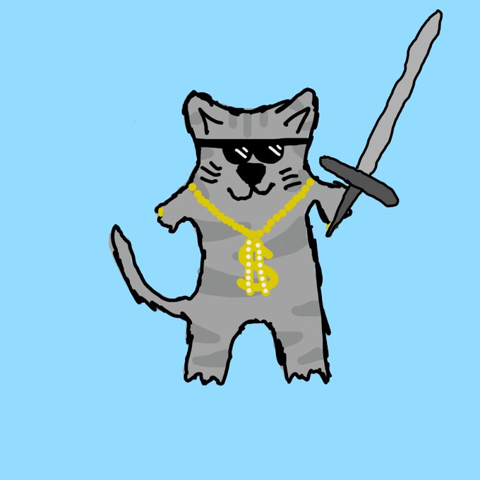 A cartoon drawing of a gray tabby cat standing upright, wearing black sunglasses and a thick gold chain necklace, while holding a sword on a light blue background.