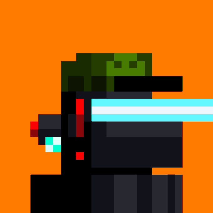 A pixel art illustration on an orange background showing a character with a green helmet and dark armor firing a light blue laser beam.