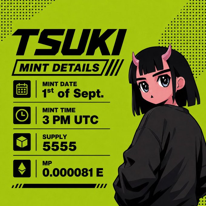A promotional graphic for "TSUKI" NFT mint details, featuring a black-haired anime girl with pink horns on a vibrant green background, listing the mint date as September 1st at 3 PM UTC with a supply of 5555 at 0.000081 ETH, aligning with the post highlighting the Japanese street culture-inspired anime project giving whitelist spots to the Telegram community.