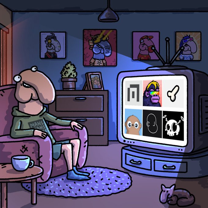 The image features a cartoon man sitting in a chair, watching television with an NFT from the collections shown on the screen. These include projects such as "@normiesART", "@CyberKongz", "@ThePenimals", "@FugzOfficial", and "@npconchain".