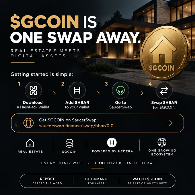 A promotional graphic for $GCOIN stating '$GCOIN IS ONE SWAP AWAY' with steps for swapping $HBAR on SaucerSwap, powered by Hedera.