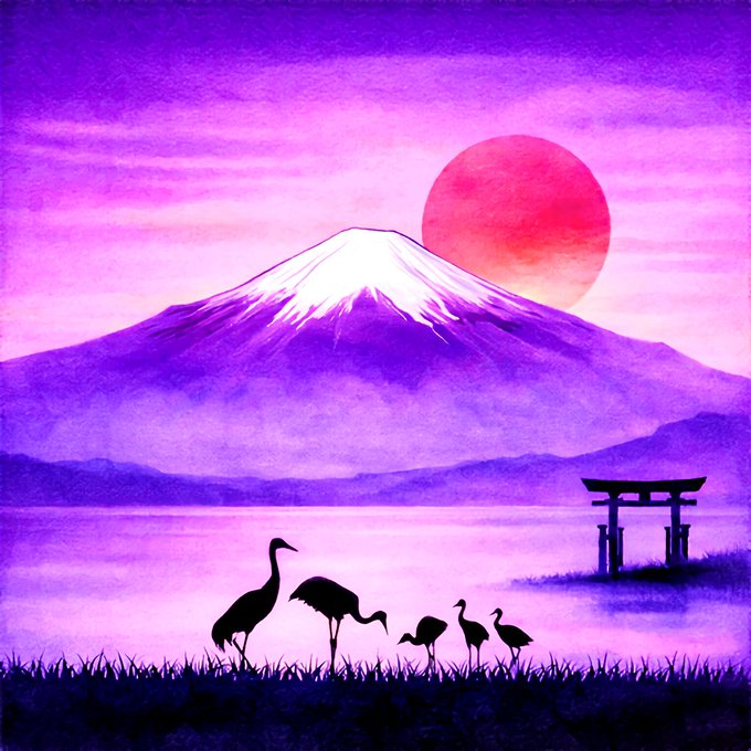 A vibrant purple and pink sunset scene featuring Mount Fuji silhouetted against a large red sun, with a torii gate on the water's edge and cranes wading in the foreground, capturing the serene Japanese-inspired aesthetic reflected in the artwork's title "Crimson Serenity."