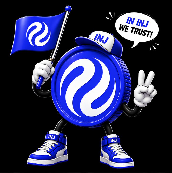 A cartoon mascot of an INJ crypto coin character wearing an 'INJ' cap and blue sneakers, waving a flag and giving a peace sign with a speech bubble reading 'IN INJ WE TRUST!'.