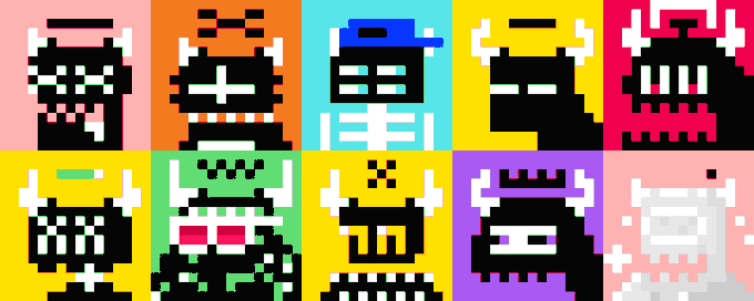 A grid of ten colorful pixel art panels displays various stylized characters wearing hats and horns in a retro video game aesthetic.