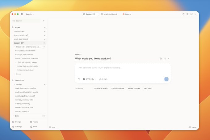 A screenshot of the Zodes interface, a local-models tool, showing a sidebar with folders like "design-studio-v3" and a central prompt asking "What would you like to work on?"