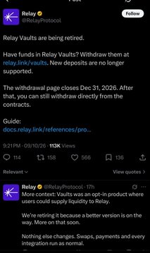 The image shows two posts from Relay's official X account announcing that Relay Vaults are being retired, not the entire protocol, with a deadline of December 31, 2026, and references to deposits, withdrawals, and upcoming protocol upgrades—visually confirming the co-signer's clarification that only the Vaults product is sunsetting.