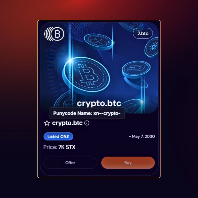 A digital listing card for the BNS domain 'crypto.btc' with a Punycode Name of 'xn--crypto-', priced at 7K STX, set to be listed on May 7, 2030.