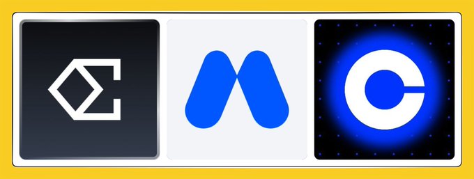 The image features three logos, each representing a different cryptocurrency. The first logo displays "ENA" and "coinbase", indicating that these are two of the most well-known cryptocurrencies. The second logo shows "M" and "MCA", which represents another cryptocurrency called MCA (Matching Markets Coin). Lastly, there is a blue square with a white "C" in it, symbolizing yet another cryptocurrency named "C". These logos help to convey information about various digital assets available on the market.