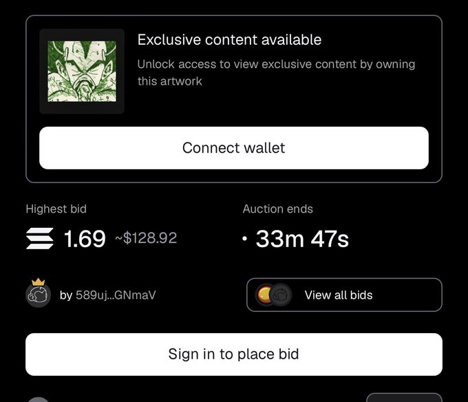 This image shows a digital auction interface displaying exclusive artwork content with a highest bid of 1.69 (~$128.92) by user "589uj…GNmaV" and 33m 47s remaining. The post "perfect bid" likely refers to the user's satisfaction with the bid amount on this crypto-art auction listing.

The auction ends in 33 minutes and 47 seconds with a Solana logo visible near the bid amount.