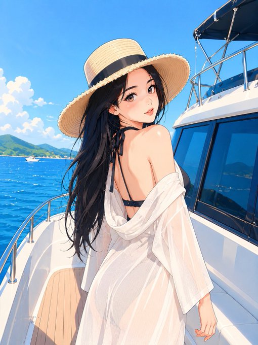 A young woman in a wide-brimmed sun hat and sheer white cover-up poses on a yacht with turquoise waters and distant mountains behind her, evoking a relaxed midweek escape. The image complements the post's lighthearted "Today is definitely Tuesday" sentiment, suggesting a sun-soaked, vacation-like vibe to help push through the week.