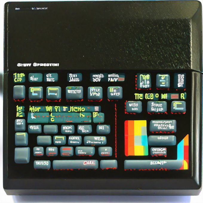An AI-generated image of a black computer keyboard where the keys are distorted into nonsensical shapes and illegible text, featuring a multi-colored rainbow gradient on the right-hand side.