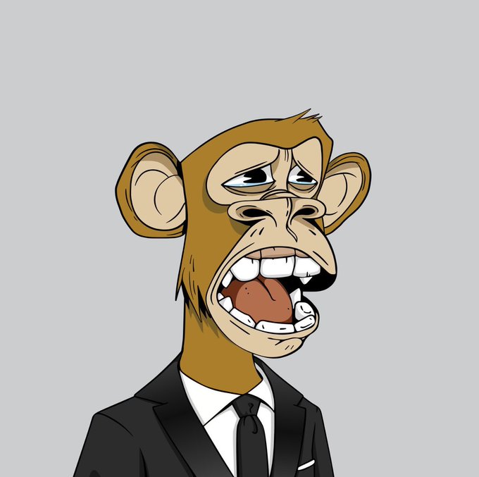 The image features a cartoon monkey wearing a suit, tie, and jacket while sitting at a desk with its mouth open wide as if speaking or laughing. The caption above the image reads "Some NFTs are art. Some NFTs are utility. Some NFTs are both." This suggests that there might be some confusion about the nature of the NFTs in the image, possibly due to their association with both art and utility.

The monkey is wearing a suit and tie, which adds to its unique appearance as an NFT. The post also mentions "Bored Ape Yacht Club," implying that there might be some humor or lightheartedness involved in this particular NFT. Overall, the image seems to be a mix of art and utility, with elements of both worlds combined into one cartoon character.