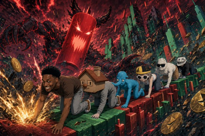 A vibrant crypto-themed digital illustration featuring a group of characters crawling on green blocks amid red apocalyptic scenery, a giant red cylinder, and floating Bitcoin/Ethereum coins.