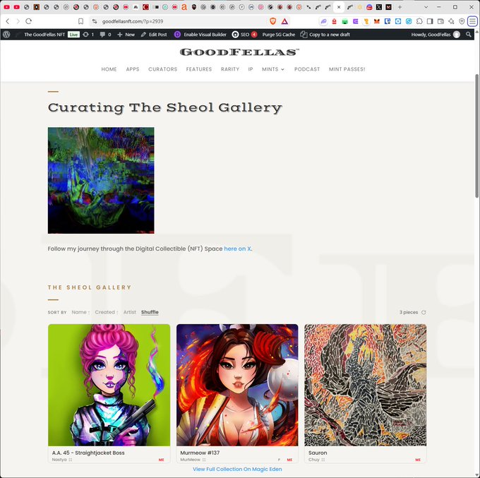 A screenshot of the GoodFellas NFT website showing a 'Curating The Sheol Gallery' page with digital collectibles including 'A.A. 45 - Straightjacket Boss', 'Murmeow #137', and 'Sauron'.