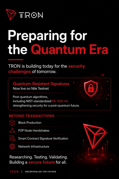 A TRON promotional graphic titled "Preparing for the Quantum Era" announcing that quantum-resistant signatures, including NIST-standardized ML-DSA-44, are now live on Nile Testnet to enhance security across block production, P2P handshakes, smart contracts, and network infrastructure—visually supporting the post's message about TRON's early preparation for post-quantum blockchain security.