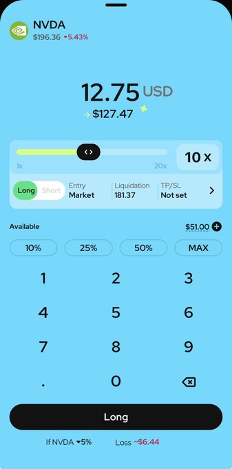 A mobile trading app interface showing a Long position setup for NVDA at 12.75 USD with 10x leverage, displaying available balance and potential loss.