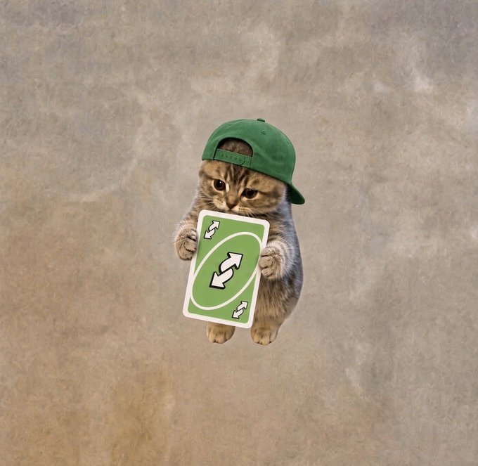 A cat wearing a green backwards cap holds a green Uno reverse card in a desert setting.