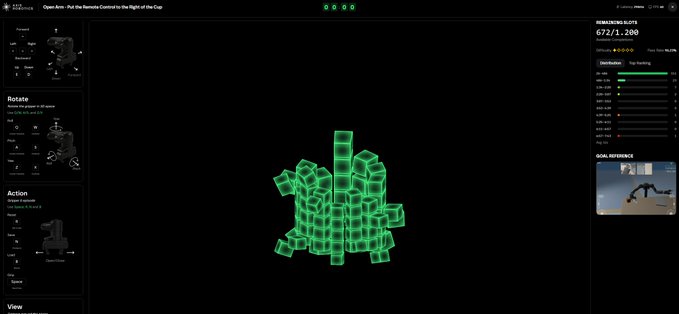 Screenshot of a drone simulator interface showing a green blocky 3D structure as the training target, with remaining objects counter showing 672/1,200 and various controls on the sidebar.