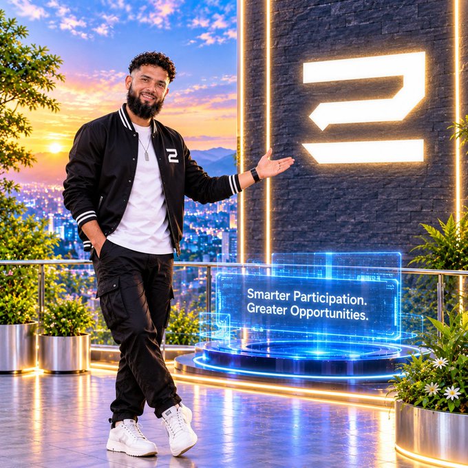 A man poses beside a glowing “Smarter Participation. Greater Opportunities.” display in a futuristic rooftop city scene featuring a large angular logo.