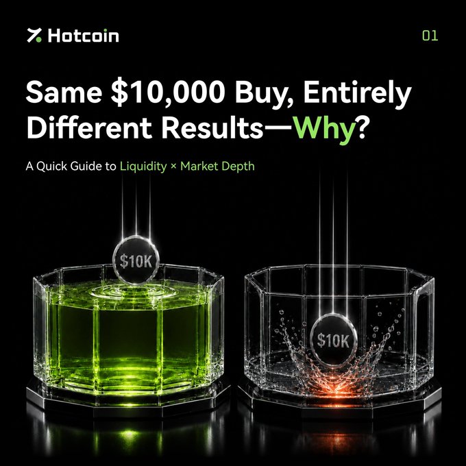 A Hotcoin educational graphic titled "Same $10,000 Buy, Entirely Different Results—Why?" subtitled "A Quick Guide to Liquidity × Market Depth," showing two hexagonal containers side by side: one with calm green liquid receiving a $10K coin, and another with clear liquid splashing violently from the impact of an identical $10K coin, visually contrasting high versus low liquidity markets.