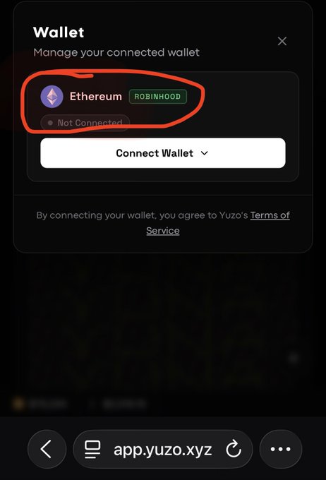 A mobile screenshot of the app.yuzo.xyz wallet page showing an Ethereum wallet connection option via Robinhood, currently marked "Not Connected." The image highlights warnings about Yuzo.xyz, a platform accused of removing links to its Bitcoin service and allegedly failing to allow users to withdraw their staked BRC2.0 assets.