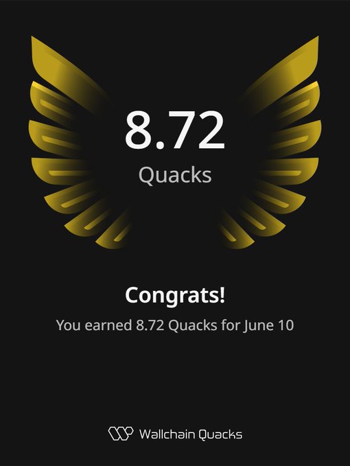 The image features a poster with an illustration of a bird's wing, which has the number "8.72 Quacks" written below it. The poster also displays a congratulatory message that reads "Congratulations! You earned 8.72 Quacks for June 10". This information is related to the post about Wallchain Quacks, where users are rewarded with Quacks in exchange for their time and effort on the platform.