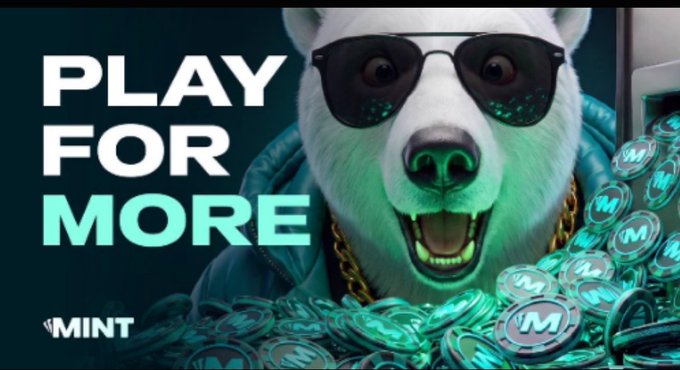 A promotional banner features a 3D animated polar bear wearing sunglasses surrounded by digital coins, with the text 'PLAY FOR MORE' and the 'MINT' logo.