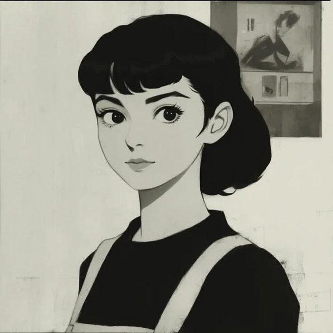 A black-and-white stylized illustration of a young woman with short dark hair and bangs, wearing a black top with light-colored suspenders, depicted in an anime or manga art style.