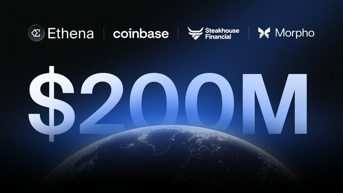 The image features a bold "$200M" graphic over a dark, illuminated globe background, with partner logos for Ethena, Coinbase, Steakhouse Financial, and Morpho displayed across the top, visually commemorating the Coinbase High Yield vault surpassing $200 million in total value within its first month.