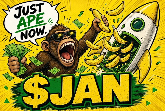 A wild, sunglasses-wearing ape excitedly holds cash and bananas next to a launching rocket, with a speech bubble shouting "JUST APE NOW." and bold text displaying "$JAN" — a vibrant promotional graphic matching the giveaway post encouraging users to follow, like, repost, and comment to win $5 USDT prizes within 24 hours.