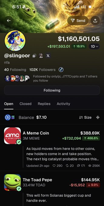 A mobile screenshot shows a cryptocurrency portfolio for user '@slingoor' with a balance of $1,160,501.05, listing meme coins including 'A Meme Coin' (AMC) up 466.6% and 'The Toad Pepe' down 9.9%.