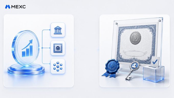 A stylized MEXC graphic showing a rising bar chart coin connecting to bank, certificate, and blockchain icons on the left, alongside a framed certificate with a seal, key, and verification checkmark on the right. The imagery illustrates the post's point about tokenized stocks on MEXC—visually separating the financial exposure elements (growth, institutions, blockchain) from the certification/authentication of actual ownership, reinforcing that buying tokenized stocks via USDT provides price exposure, not real company shares.