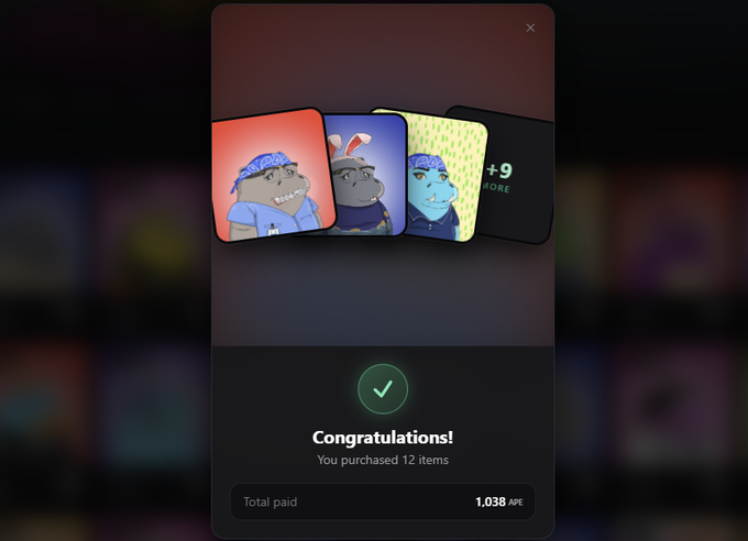 A dark-themed digital purchase confirmation screen displays 'Congratulations! You purchased 12 items' for '1.038 APE', showing a row of cartoon NFT character icons.