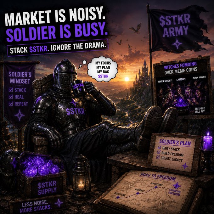 A dark fantasy promotional image features an armored knight with the text 'MARKET IS NOISY. SOLDIER IS BUSY.' and '$STKR ARMY' branding, displaying messaging like 'STACK. HEAL. REPEAT' and 'SOLDIER'S PLAN' with a 'ROAD TO FREEDOM' map.