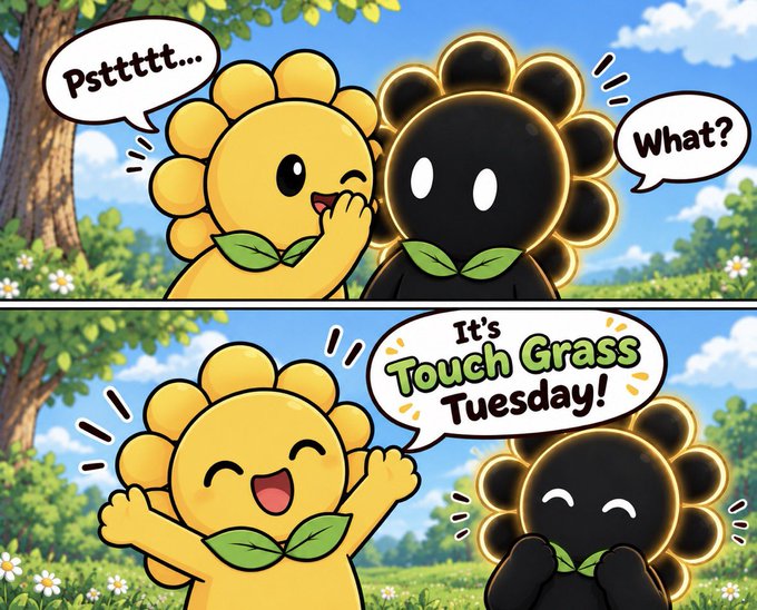 A comic strip showing a yellow flower character whispering 'Psttttt...' to a dark flower character who replies 'What?', before the yellow flower joyfully exclaims 'It's Touch Grass Tuesday!'.