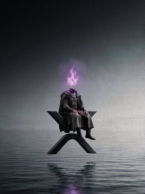 A headless figure in a robe sits on an X-shaped chair above water, with purple and orange ethereal flames where the head should be. The post appears to use the "X" chair as a visual pun or symbol for the cryptocurrency XRP, promoting a deal from @xrpcafe.