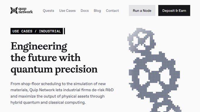 The image shows a Quip Network webpage promoting their industrial use case with the headline "Engineering the future with quantum precision," featuring pixelated gear graphics and noting how the platform helps industrial firms de-risk R&D through hybrid quantum and classical computing. This relates to the post's theme by highlighting Quip Network's effort to make advanced quantum technology accessible and practical for real-world industrial applications rather than just for farming loops or validators.