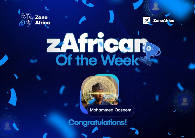 Zano Africa 'zAfrican Of the Week' congratulatory graphic featuring Mohammed Qaseem, with ZanoAfrica social handles.