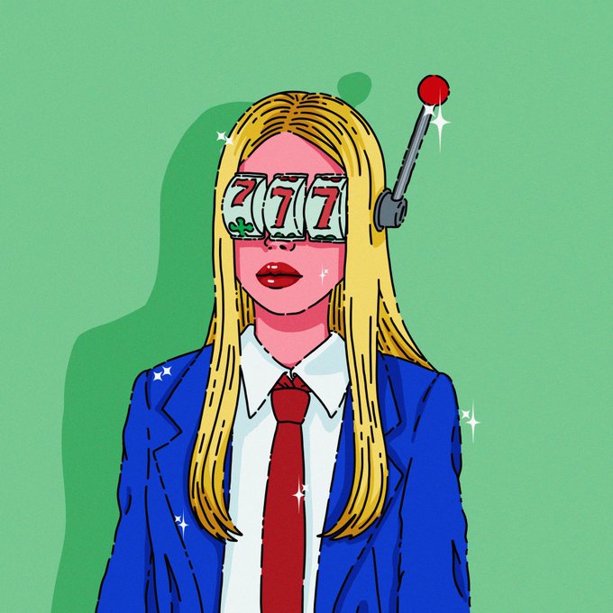 An illustration of a blonde woman in a blue suit and red tie with slot machine '7 7 7' reels for eyes and a lever on her head, set against a green background.