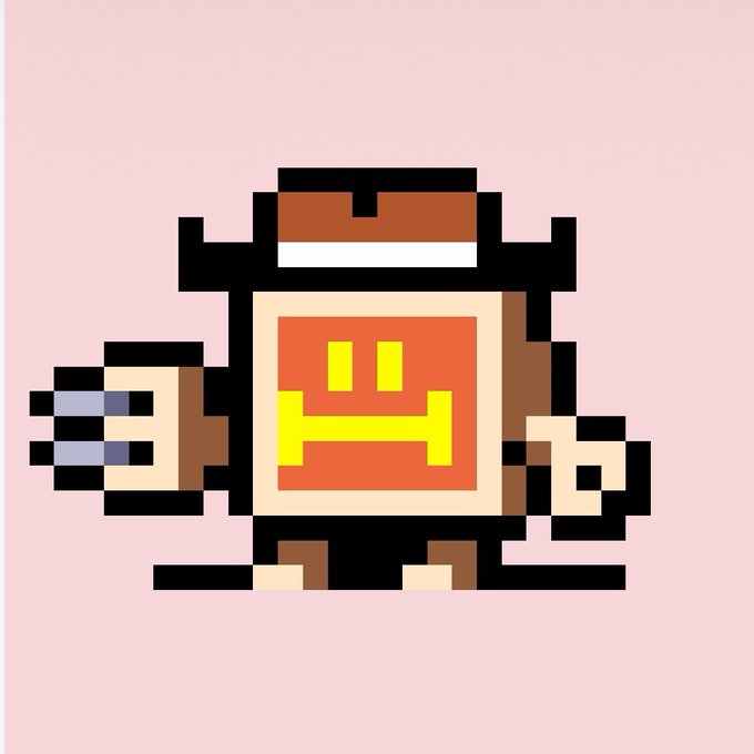 A pixel-art illustration of a blocky cowboy character with a brown hat and a smiling face design on its torso, standing against a pink background.