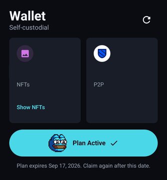 A dark-themed mobile app interface for a 'Self-custodial' 'Wallet' showing options for 'NFTs' and 'P2P', with a 'Plan Active' button noting expiration on Sep 17, 2026.