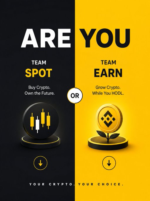 A split promotional graphic contrasting "TEAM SPOT - Buy Crypto. Own the Future." on a black background featuring a candlestick chart icon, versus "TEAM EARN - Grow Crypto. While You HODL." on a yellow background showing a Binance coin plant, with "YOUR CRYPTO. YOUR CHOICE." at the bottom.