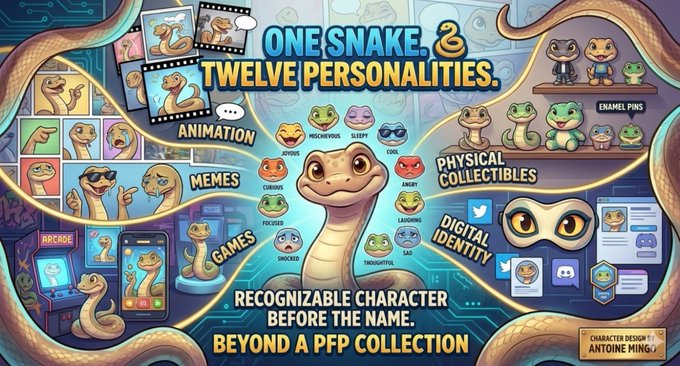 A promotional graphic for a snake NFT character states 'ONE SNAKE. & TWELVE PERSONALITIES' with sections for animation, memes, games, physical collectibles, and digital identity.