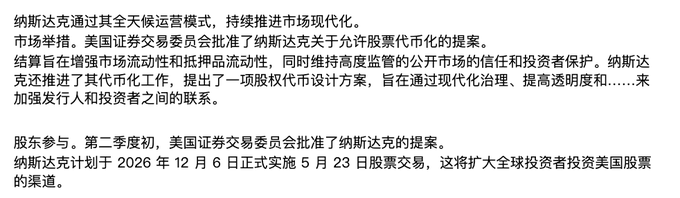 A Chinese-language news article discussing Nasdaq's progress on market modernization, including SEC approval of its 24-hour trading proposal, market-making initiatives, and shareholder participation measures. The article mentions key dates including May 23 and December 6, 2026, and references Nasdaq's approval to allow stock trading on its exchange, aligning with the post's discussion of Nasdaq's extended trading hours and regulatory approvals.
