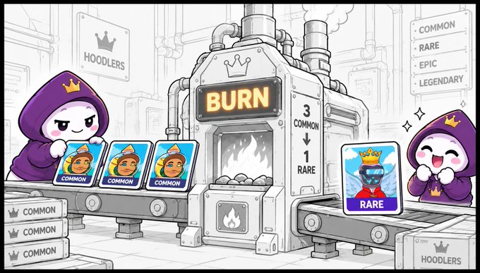 A hooded character happily feeds "COMMON" Hoodler cards into a "BURN" furnace to upgrade them, while a shocked character on the right stares at the resulting "RARE" card—illustrating the NFT game's costly ascend mechanic where burning common NFTs yields a lower chance of rarer drops.