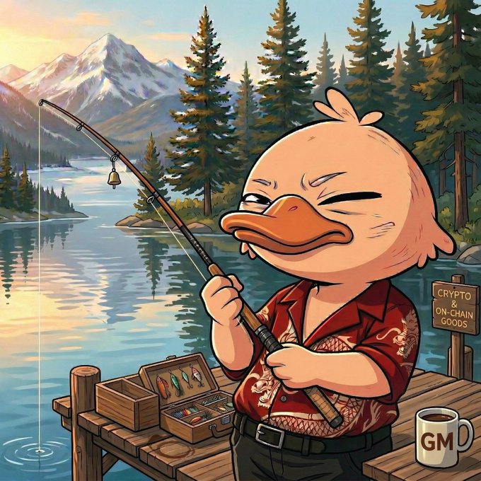 A cartoon duck character in a red dragon-print shirt fishes from a wooden dock at a mountain lake, with tackle box nearby, a 'CRYPTO & ON-CHAIN GOODS' sign, and a 'GM' coffee mug.
