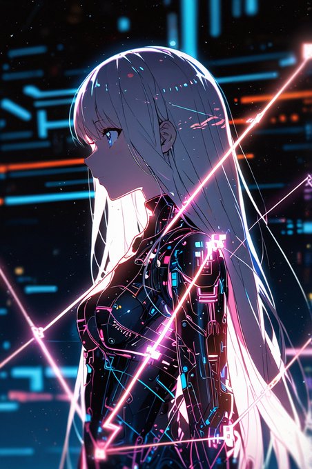 An anime-style illustration of a white-haired girl with blue eyes wearing a futuristic black suit with glowing pink and cyan circuit-like patterns, set against a dark background with neon lights and pink laser beams.