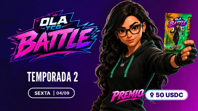 A promotional banner for Ola TCG Battle Temporada 2 announces an event on Friday 04/09 with a prize of 50 USDC, featuring an illustrated female character holding a card pack.