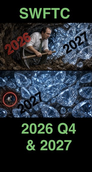 A meme image titled 'SWFTC' depicting a man mining diamonds, contrasting '2021' with '2026' and '2027', with text '2026 Q4 & 2027' at the bottom.