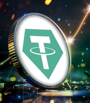 The image features the Tether (USDT) logo—a green shield with a "T"—prominently displayed as a metallic coin against a glowing, tech-inspired background. This visual ties directly to the post announcing Tether's acquisition of 1,800 Bitcoin ($113M) as part of their latest reserves report.